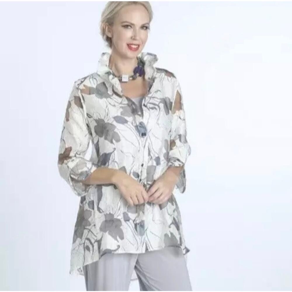 IC by Connie K Semi-Sheer Burnout Floral Button Front Blouse Ruffle Collar XXL